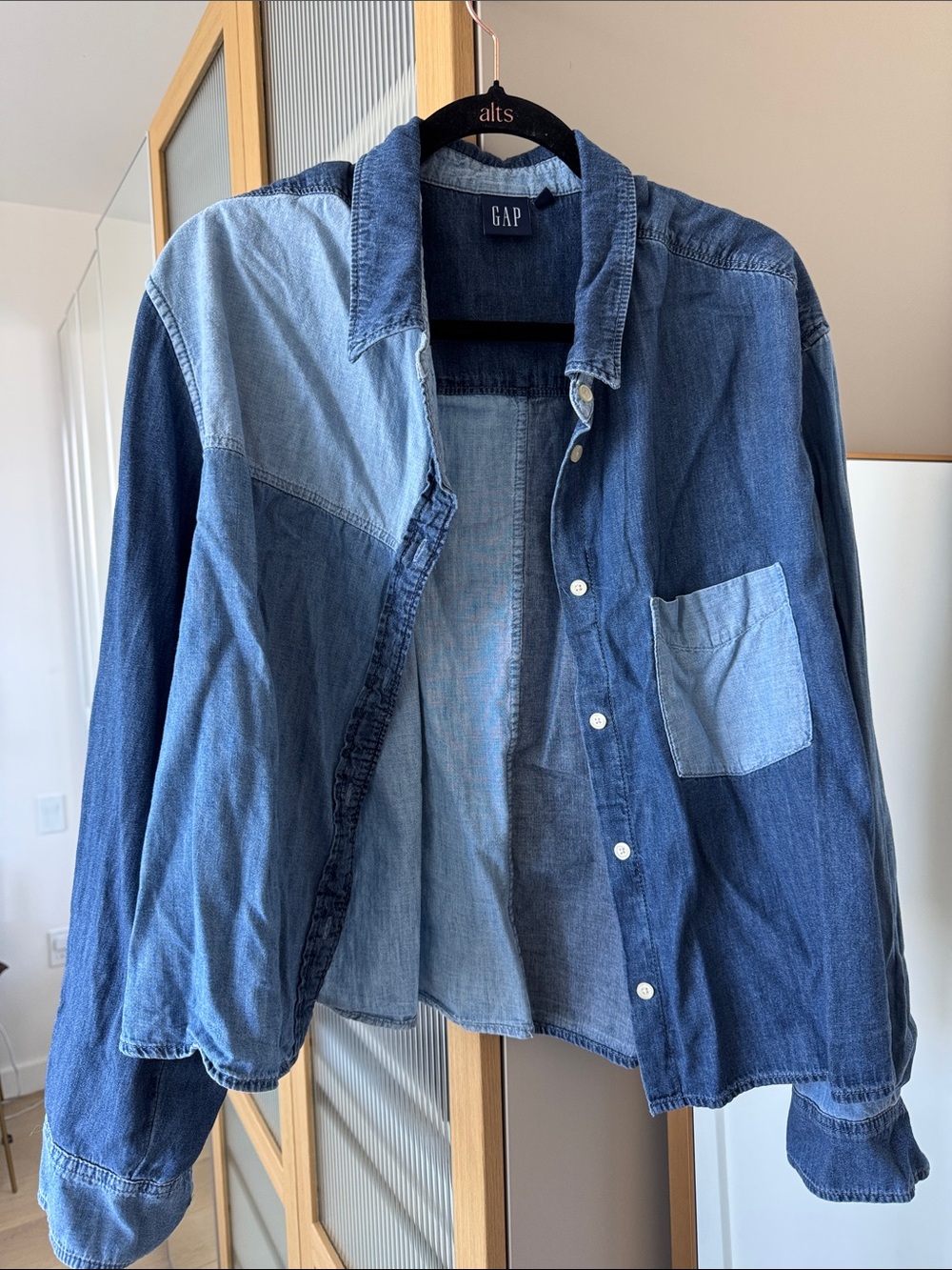 GAP Two-Tone Blue Denim Crop Shirt